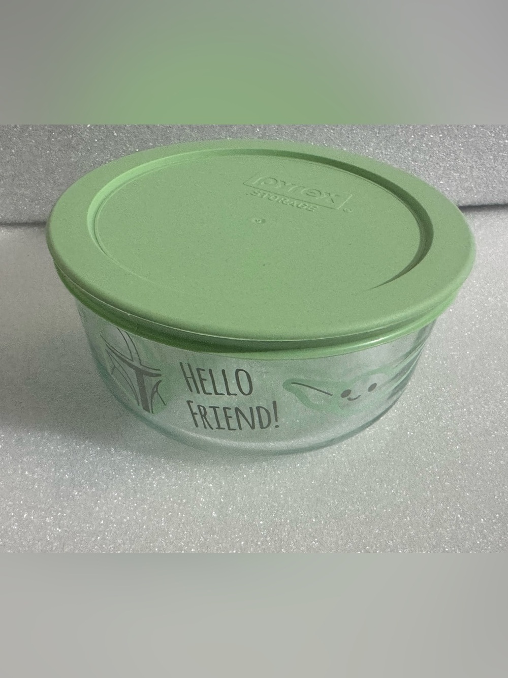 Pyrex Green "Hello Friend" Glass Storage Bowl with Lid